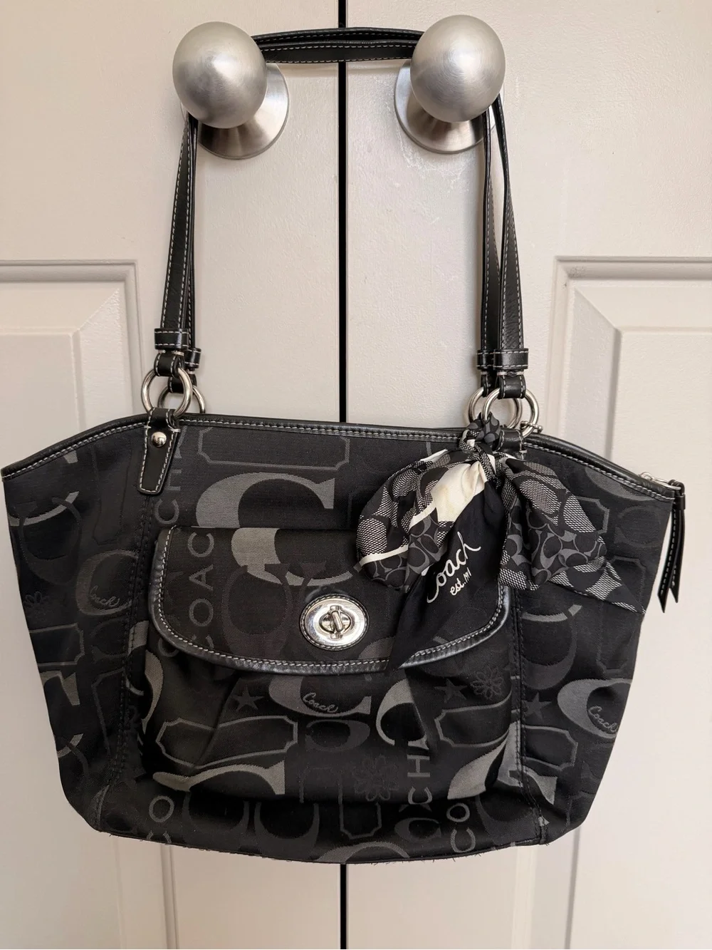 Coach Black Signature Canvas Shoulder Tote with Scarf Accent